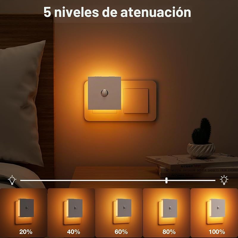 Luz Nocturna con Sensor de Movimiento, 2 Piezas Luz Nocturna Infantil Enchufe Regulable con 3 Modos, Brillo Ajustables para Habitación de Niños, Baño, Pasillo, Cocina, Escaleras — foto 5 de 7