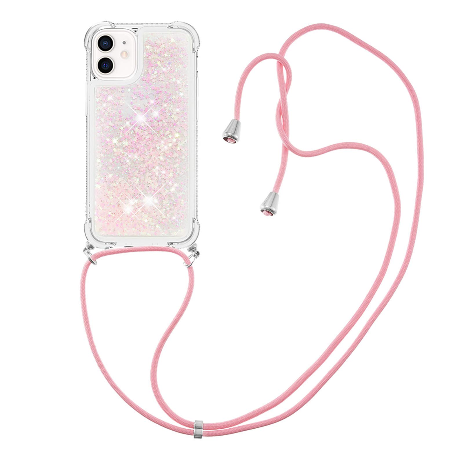 MRSTER Lanyard Phone Case for iPhone 12, Bling Glitter Quicksand Liquid Sparkle Silicone TPU Case Cover With Crossbody Necklace Cord Strap for iPhone 12 / iPhone 12 Pro 6.1”. LP Star Pink