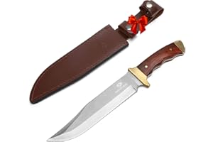 Mossy Oak 14-inch Bowie Knife, Full-tang Fixed Blade, Wood Handle Hunting Knife with Leather Sheath for Camping, Hiking, Survival