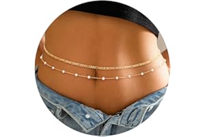 RLMOON 2PCS 18K Gold/Silver Plated Waist Chains for Women Pearl CZ Belly Body Chain for the Waist Layered Gold Belly Chains Waist Jewelry 26-41Inch