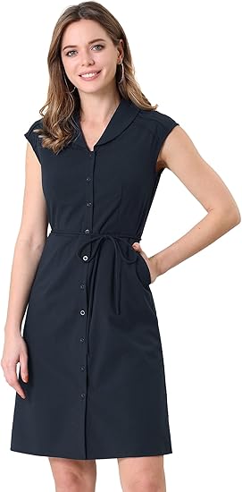 Amazon Co Jp Allegra K シャツワンピース ドレス キャップスリーブ ボタンフロント ネクタイウェスト コットン ビジネス カジュアル レディース 服 ファッション小物