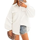 Cicy Bell Womens Oversized Linen Button Down Shirts Puff Long Sleeve Collared V Neck Cotton Blouses Loose Fit Tops