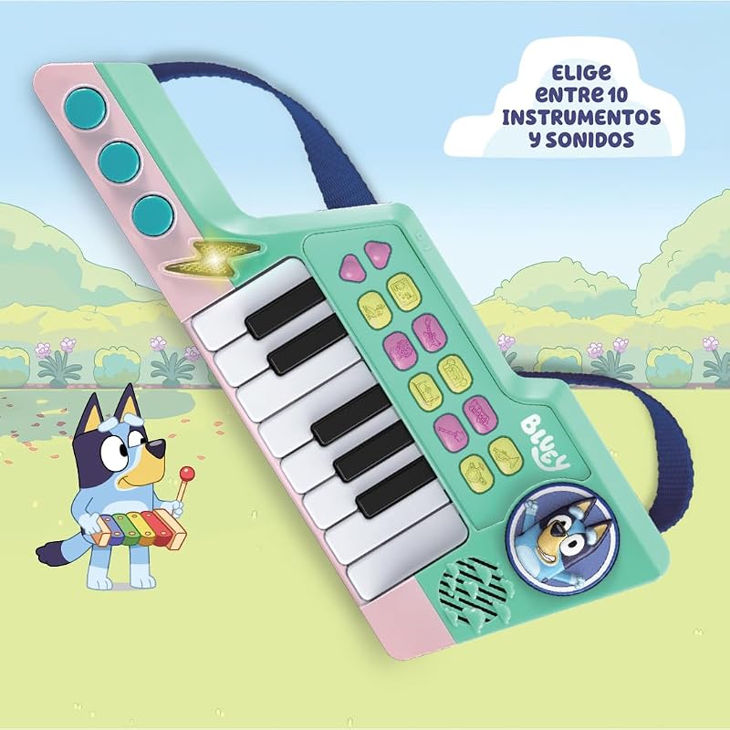 - Bluey's Teclado-Guitarra, Piano e Guitarra Interativa 2 em 1, escolha entre 10 instrumentos e sons, CRIE as Suas Próprias Melodias, Presente para crianças +3 anos, Versão ESP