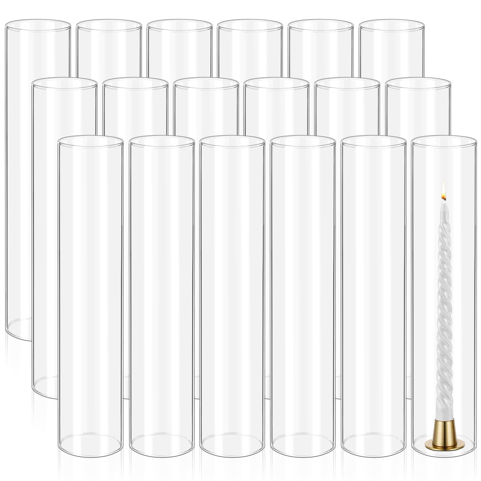 View 1 of 18 Pcs Hurricane Candle Holder Sleeve, H:14" D:3" Bottomless Glass Cylinder Candleholder Tall Clear Glass Cylinder Open Both Ends, Chimney Tube Cover, Open Ended Candle Shade