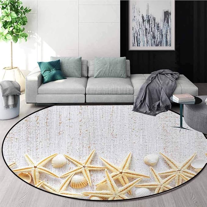 Seashells Rug Round Home Decor Area Rugs,Sea Shells On Timber Pattern
