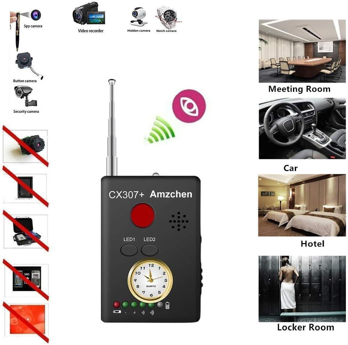 RF Bug Detector, Amzchen RF Signal Detector Wireless Anti-spy Hidden Camera Lens Detector Radio Wave Signal Detect Full-Range GSM Device Finder for Anti Eavesdropping Candid GPS Tracker (Bug Detector)