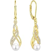 BELRYO Pearl Earrings Gifts for Women, Christmas Gifts, 925 Sterling Silver Infinity Leverback Dangle Earrings with Cubic Zirconia, 6MM Freshwater Cultured Pearl Jewelry, Christmas Earrings for Women