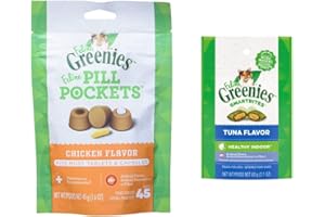 Feline GREENIES Pill Pockets Chicken Flavor Cat Treats + Feline GREENIES SMARTBITES Tuna Flavor Healthy Indoor Cat Treats