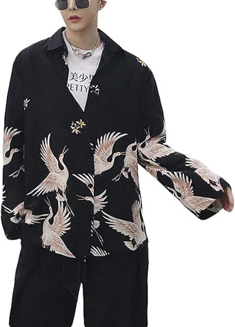 Amazon Bscool長袖 メンズ シャツ ゆったり 鶴柄 ゆる トップス 秋 シャツアウター カジュアルシャツ 黒シャツ シャツ 通販