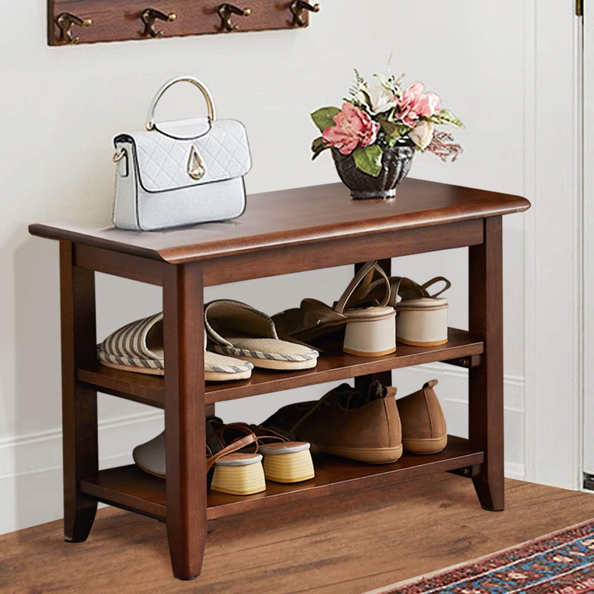 OGCAU Shoe Rack Bench,3 Tier Wooden Storage Bench, Shoe Organizer or Entryway Bench, Good Load Bearing, Ideal for Entryway Hallway Living Room and Corridor Dark Brown 23.6": Kitchen & Dining