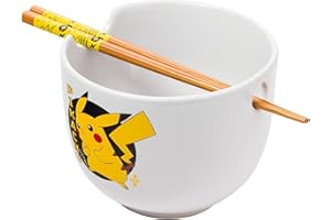 Silver Buffalo Pokemon Pikachu Ceramic Ramen Noodle Rice Bowl with Chopsticks, Microwave Safe, 20 Ounces