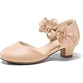 Coutgo Girls Dress Shoes Closed Toe Low Chunky Heels Flower Slip On Party Princess Pumps for Toddler Little Big Kids