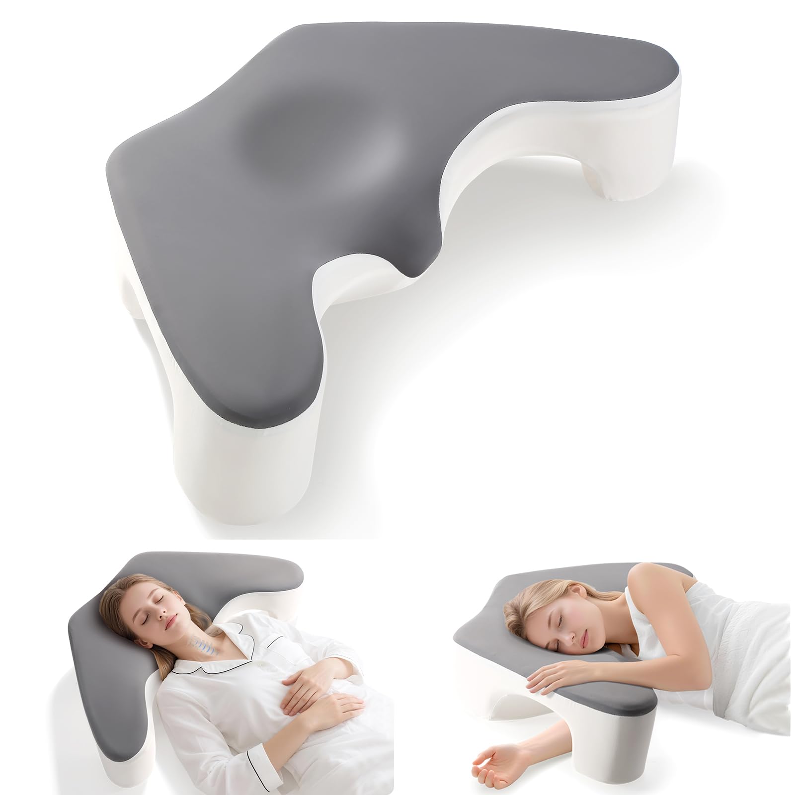 Photo 1 of LukyHonie Side Sleeper Pillow for Shoulder Pain Relief, Memory Foam Pillow with Arm Hole & Neck Support Design, Ergonomic Back Sleeping Cervical Pillows with Washable Cooling Pillows Case - Grey&White