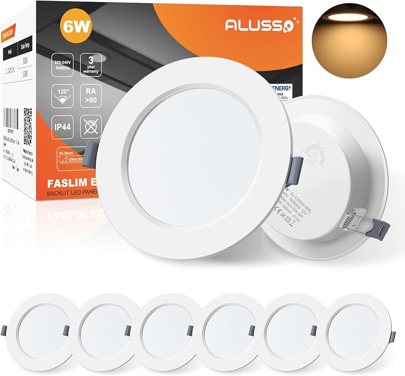ALUSSO 6W Ultra Slim LED Downlights 3000K IP44 Recessed Ceiling Lights 6 Pack