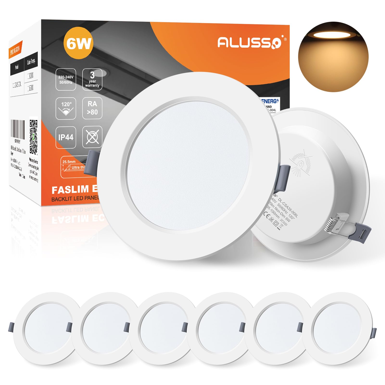 ALUSSO LED Downlights for Ceiling 6W Ultra Slim LED Recessed Ceiling Spot Lights 3000K Warm White IP44 Waterproof Spotlights Ceiling Lights for Bathroom Kitchen Living Room, 6 Pack