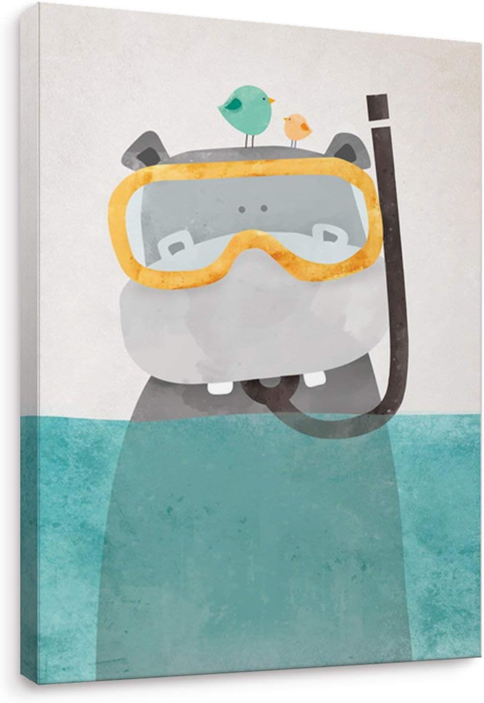 Niwo Art-Snorkeling Hippo,Cute Animals Canvas Wall Art Home Decor,Framed Ready to Hang