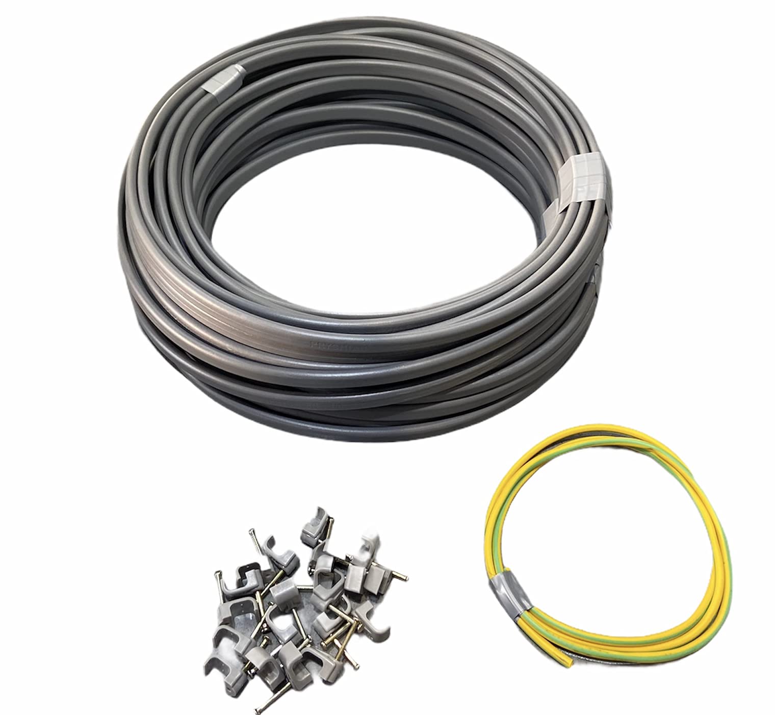 10 metres 2.5mm twin and earth cable with clips and earth sleeving
