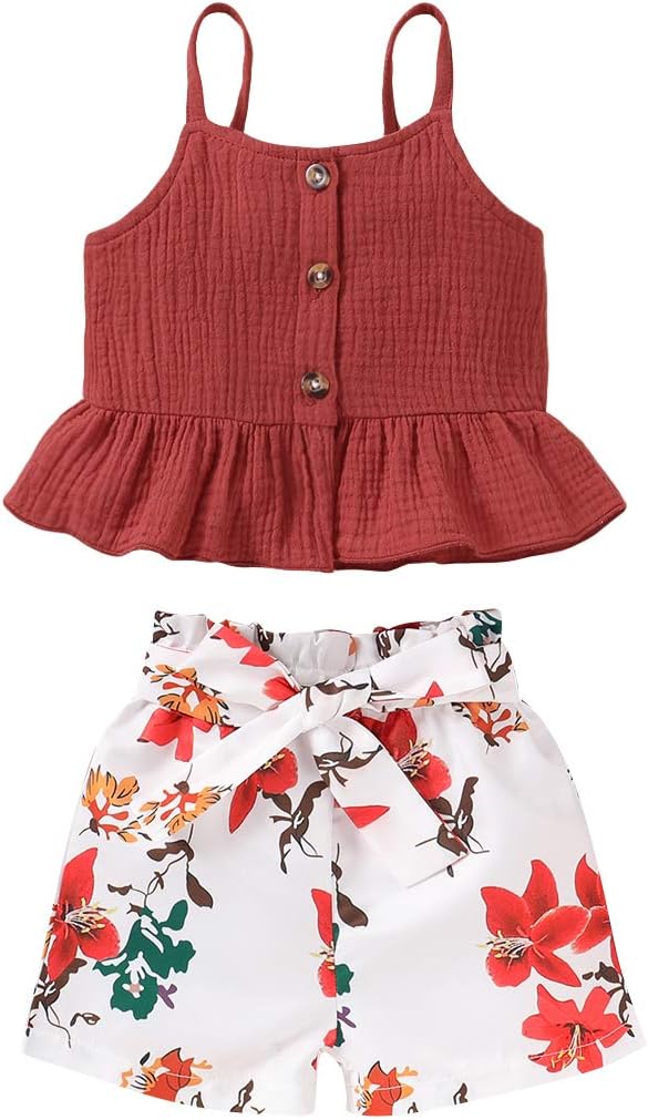 Kucnuzki Toddler Girl Outfit Baby Girl Sunflower Clothes Ruffle Sleeveless Linen Shirt Kid Sunflower Short Pants Set for Girl