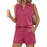 Rapbin Two Piece Short Sets for Women Sleeveless Matching Lounge Set V Neck Tops and Drawstring Shorts Summer Outfits