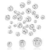 AHANDMAKER 30Pcs 925 Sterling Silver Pumpkin Beads, 3/4/5mm Diameter Round Corrugated Spacer Bead Small Silver Craft Accessories for Jewelry Making Bracelets Necklaces Earrings