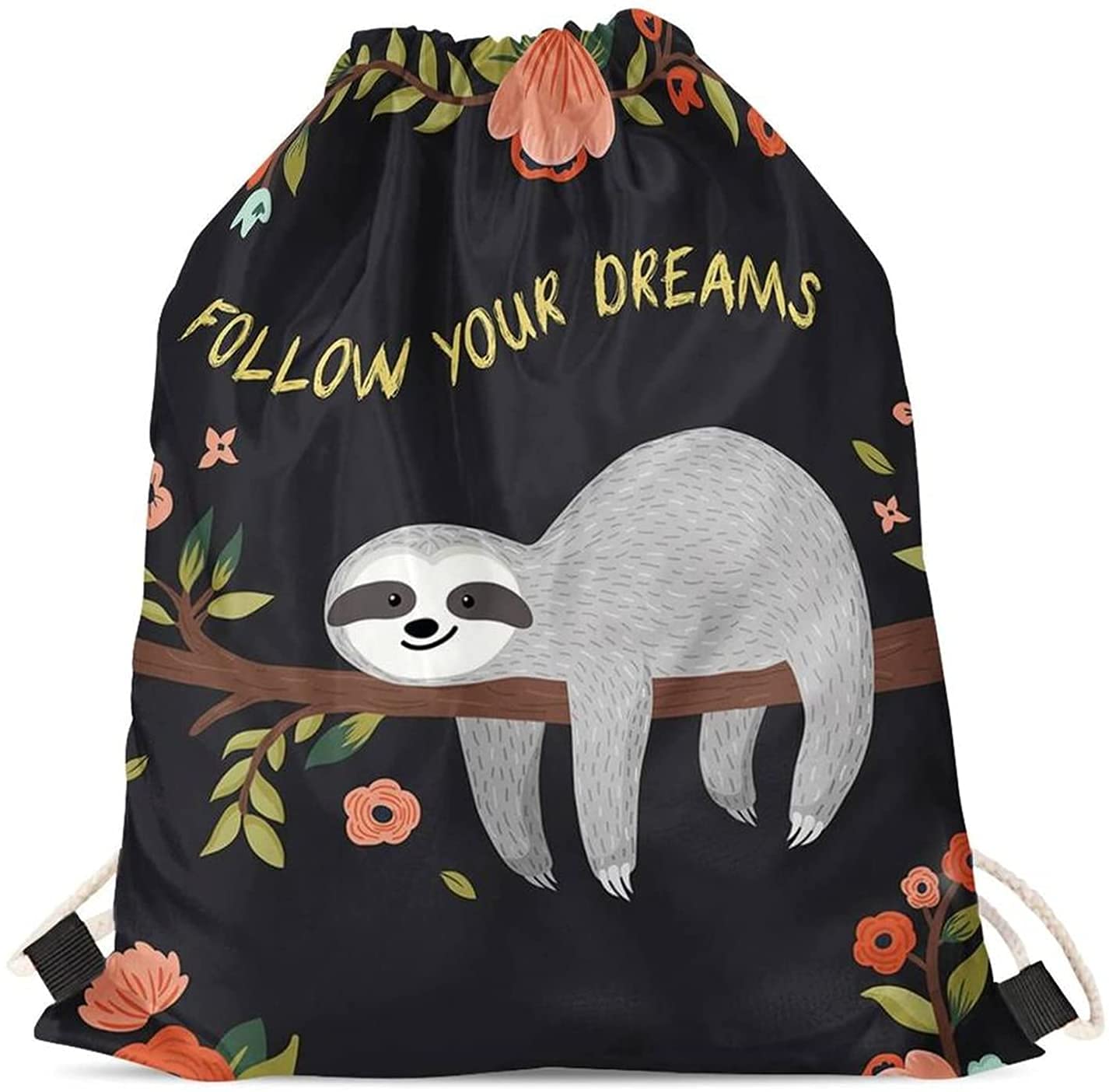 Jeiento Kawaii Animal Sloth Pirnt Drawstring Bag Daypack for Adult Kids Girls Schoolbag - Follow your dreams
