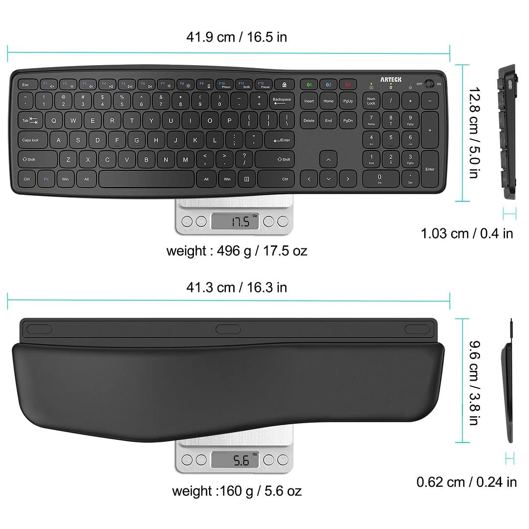 Arteck Bluetooth Universal Wave Comfortable Keyboard with Palm Rest - Multi-Device Full Size Wireless Keyboard for Windows iOS iPadOS Android, Computer Desktop Laptop Surface Tablet Smartphone