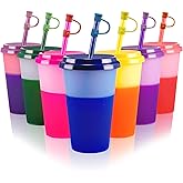 Patinao Color Changing Cups Tumblers with Lids & Straws for Kids - 7 Reusable Plastic Bulk Tumblers 12oz Cold Cup Tumbler Set