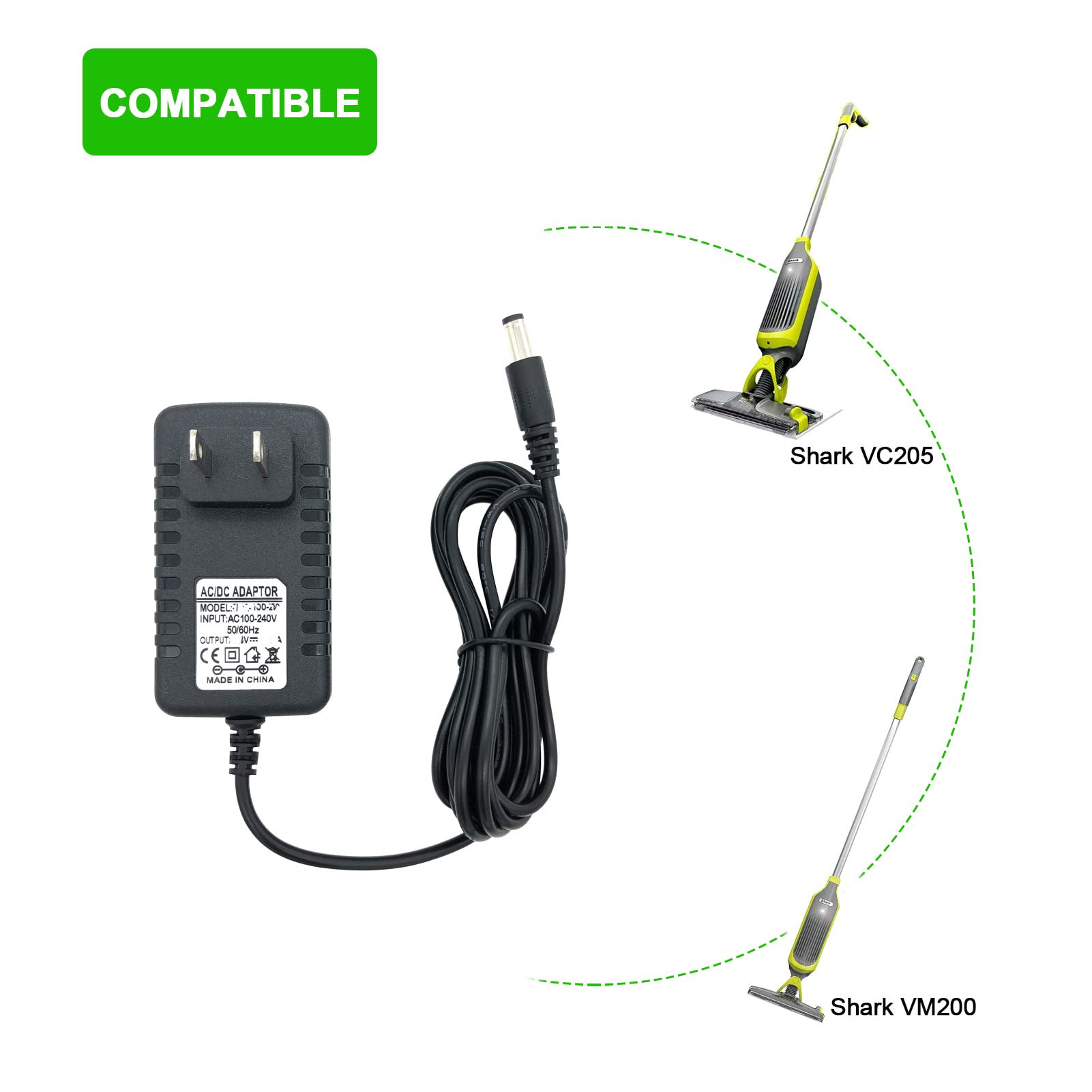 10.8V Battery Charger Replacement for Shark VACMOP VC205 VM200 VC200 UM200 UM205 Cordless Hard Floor Vaccum Mop AC Adapter Power Cord 6.6 FT (DC Round Charging Port, Not for Magnetic)