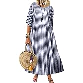 chouyatou Women's Casual Plaid Short Sleeve Beach Dress Crewneck Gingham Swing Flowy Midi Long Tunic Dress
