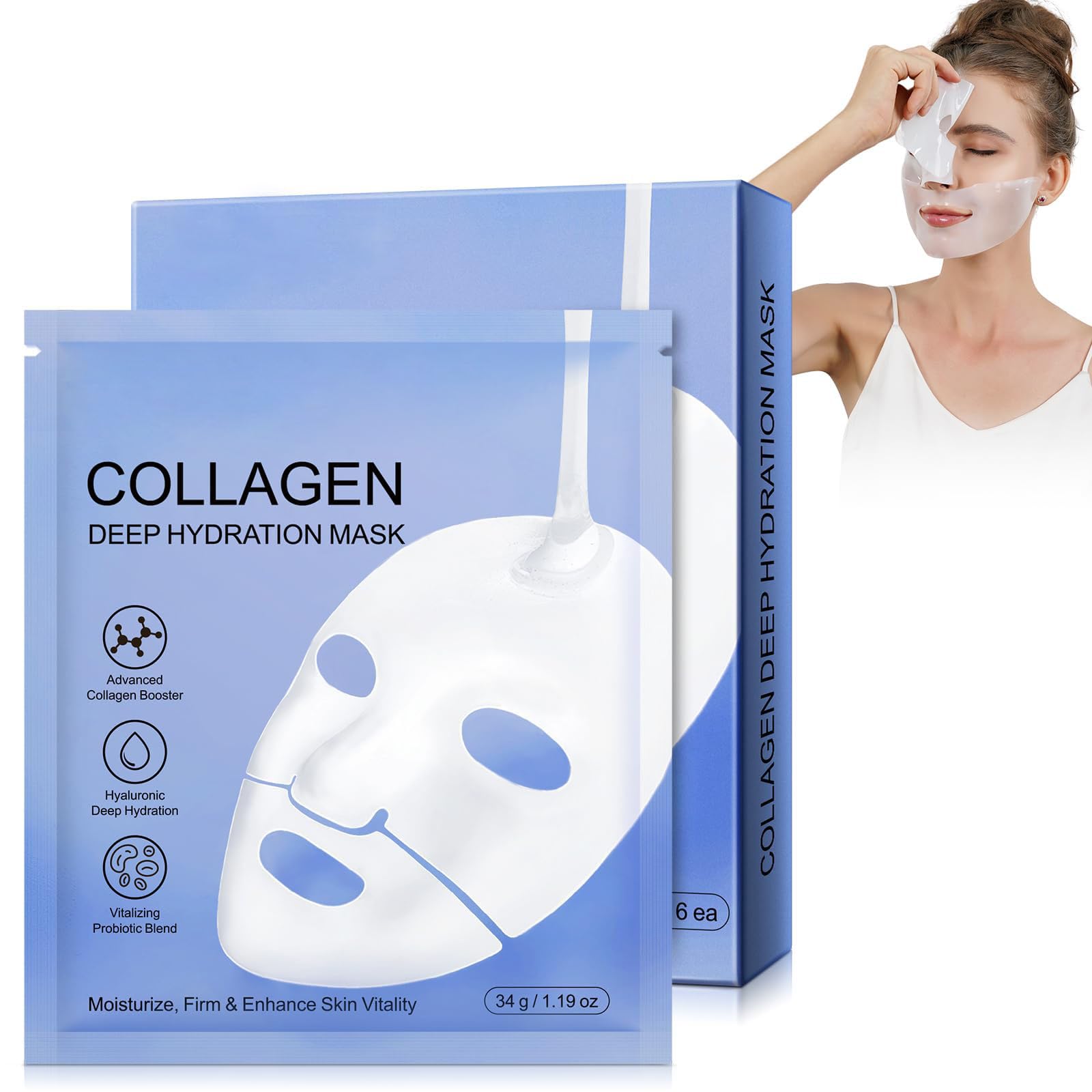 Bio Collagen Face Mask 6pcs, Collagen Sheet Mask, Bio Collagen Overnight, Deep Hydration & Firming, Reduce Fine Lines & Wrinkles, Pore Minimizing