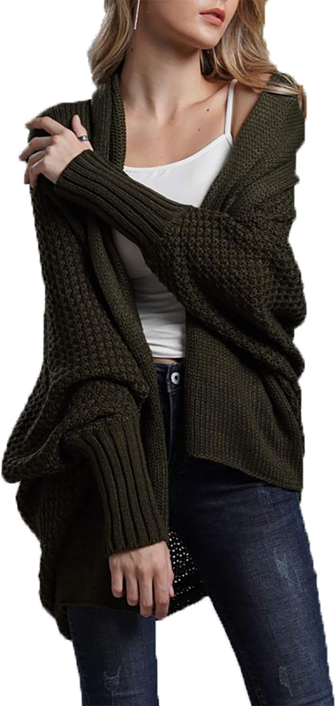 Women's Casual Long Batwing Sleeve Open Cardigan Chunky Crochet Slouchy Wrap Sweater Blouse Knitted Tops