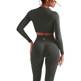SUUKSESS Women 2 Piece Workout Sets Hidden Scrunch Hip Lifting Seamless Leggings Long Sleeve Yoga Crop Tops