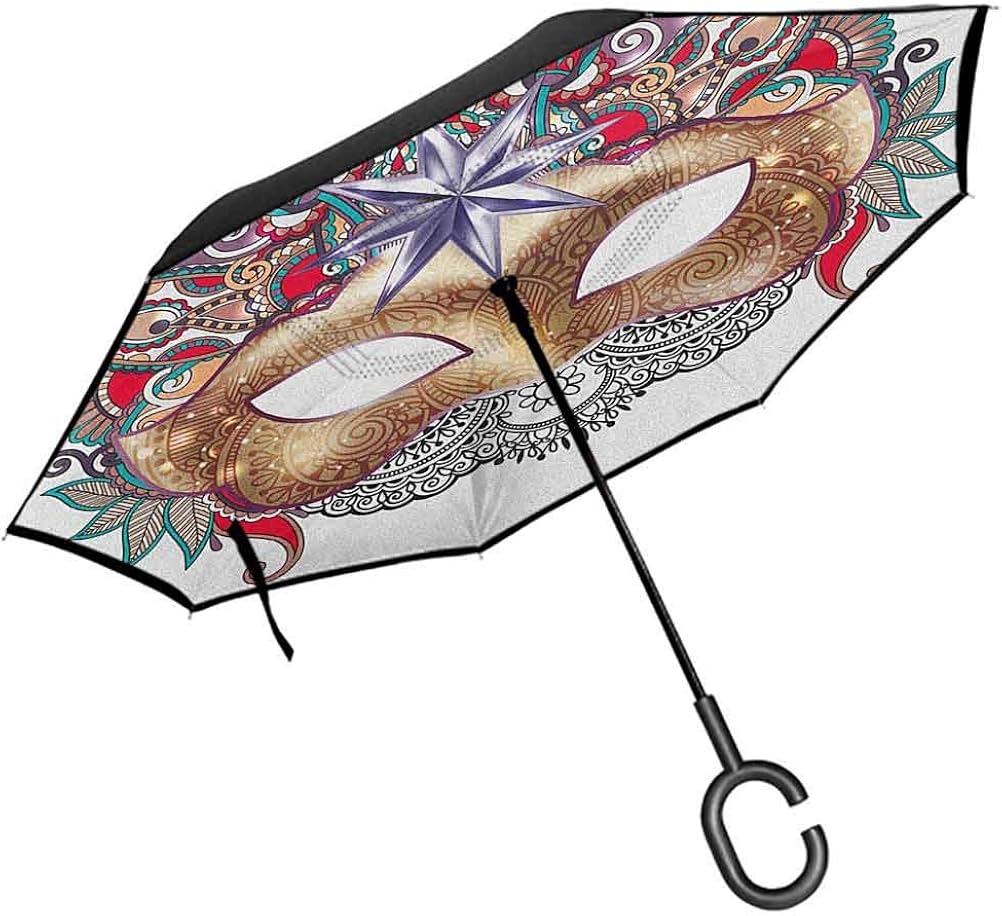 Mardi Gras Folding Reverse Umbrella Carnival Mask