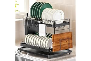 Dish Drainer, Large Dish Drying Rack with Drip Tray & Rotating Nozzle, 2-Tier Dish Rack for Kitchen Counter Space-Saving Rust