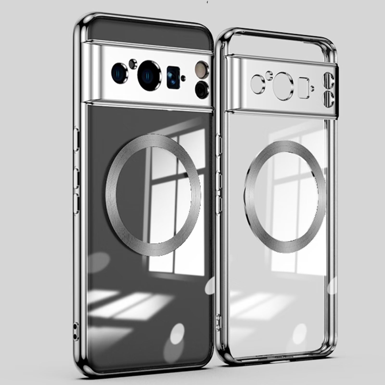 Jeelar ESONG Magnetic Clear for Google Pixel 8 Pro Case with MagSafe[Wireless Charging][Camera Lens Cover Protection] Silicone Shockproof Protective Phone Cover[Non-Yellowing/Anti-Fingerprint]-Silver