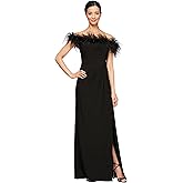 Alex Evenings Women's Long Off The Shoulder Gown with Front Slit and Maribou Detail, Formal Party Dress