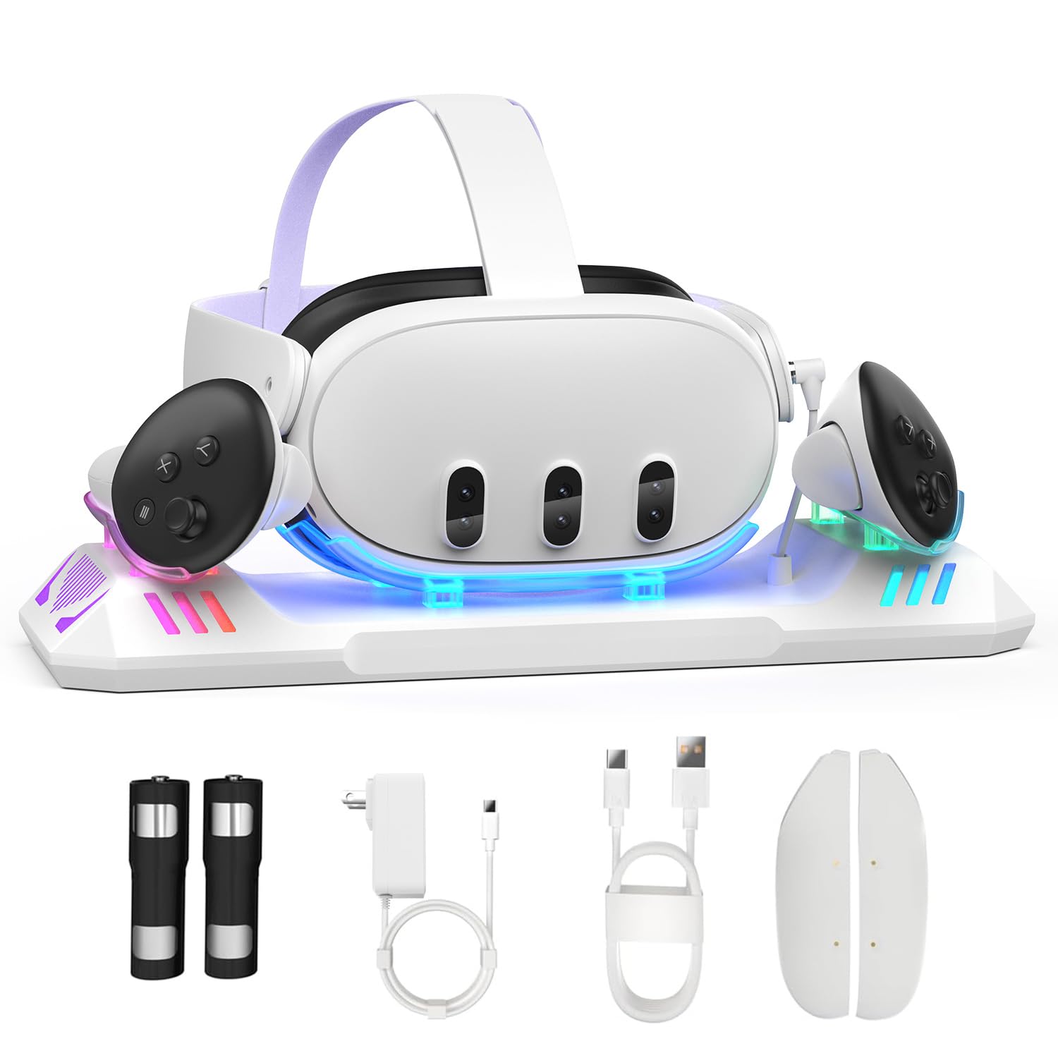 Charging Dock for Meta Quest 3S/Quest 3, Charging Station for Oculus Quest 3 VR Headset & Controllers, with 2 Rechargeable 2100mAh Batteries, USB-C Charger and Cable, Supports LED Indicator