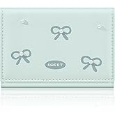 Denovin Small Wallets Woman, Cute Tri-fold Coquette Wallet for Women with Bow Design, Compact Credit Card Holder Purse with ID Window for Coin Cash Change (Blue)