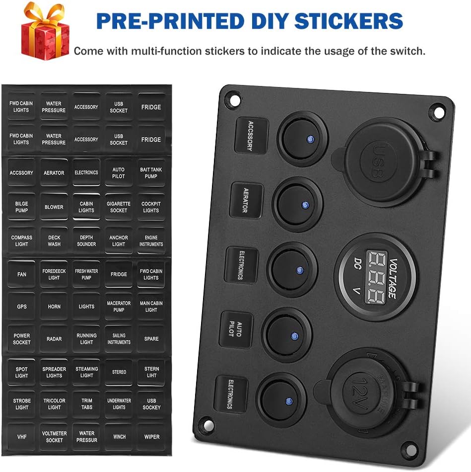 Electop 5 Gang Rocker Switch Panel, Toggle Switches/4.2A Dual USB Socket Charger/LED Voltmeter/12V Power Outlet Aluminum Panel Mount with 15A Fuses Pre-wired Waterproof for Car Boat Truck Marine RV: Automotive