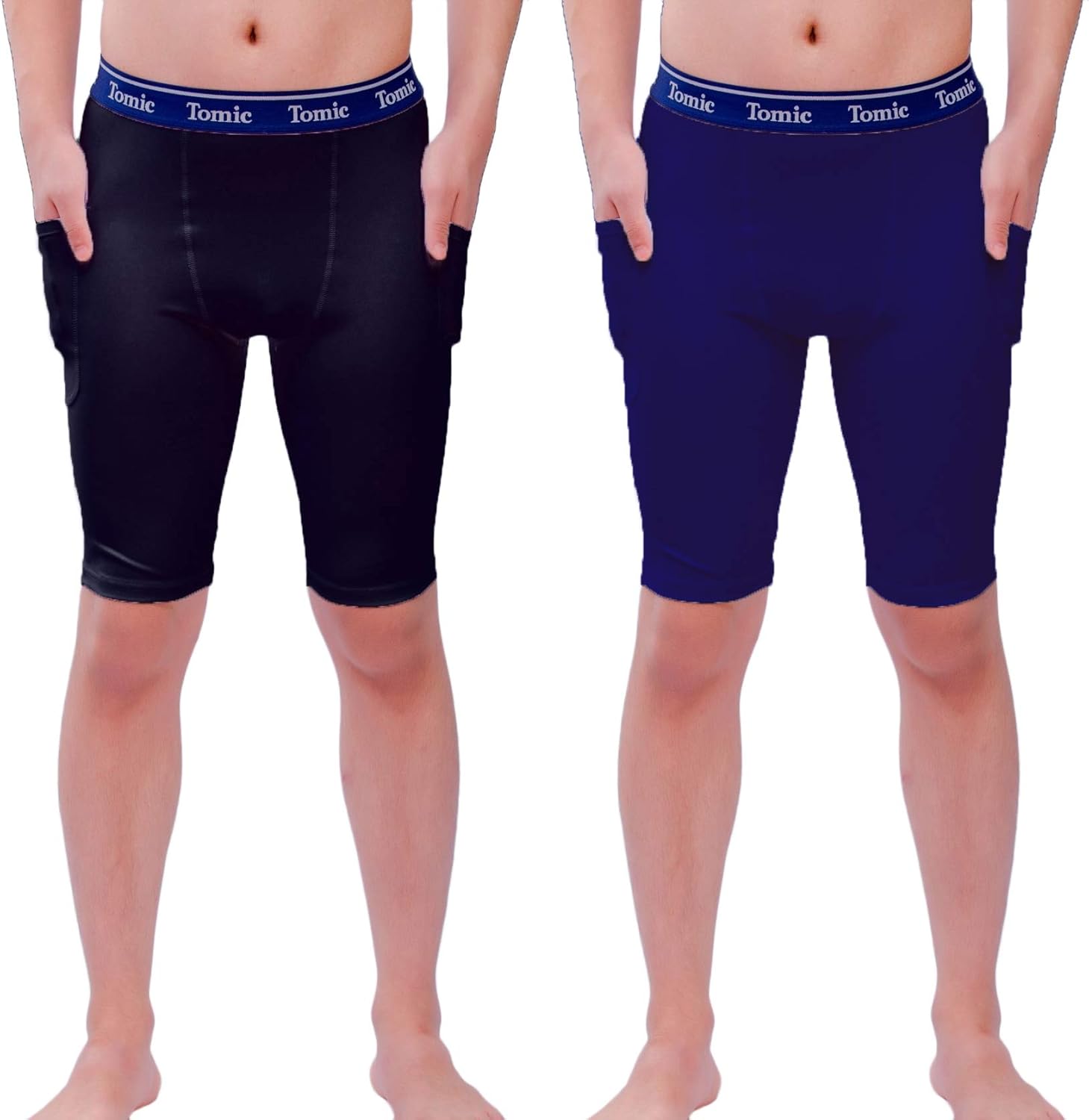 Tomic Men's 9" 2 Pack Compression Shorts Performance Underwear Pockets Cool Dry Sport Tights: Clothing