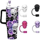 Skull Straw Cover Cap for Stanley Cup, 4Pcs 10mm Silicone Straws Protector Halloween Straw Topper Compatible with 30&40 Oz Tumbler, Black White Rose Red Purple Skull Halloween Stanley Cup Accessories