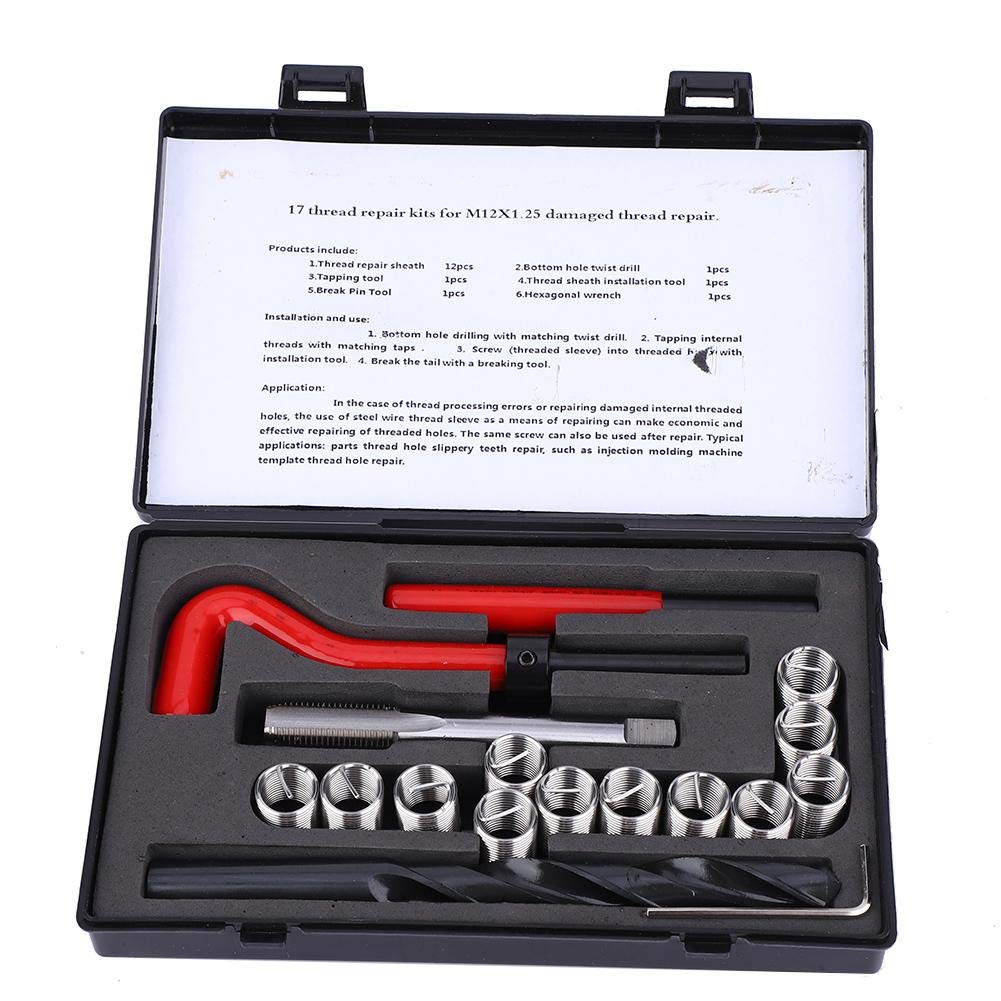 17Pcs Thread Repair Kit Metric M12x1.25mm Stainless Steel Damaged Thread Repair Insert Set with Twist Drill Hex Wrench Screw Tap Hand Tools for Screw Thread Restoration
