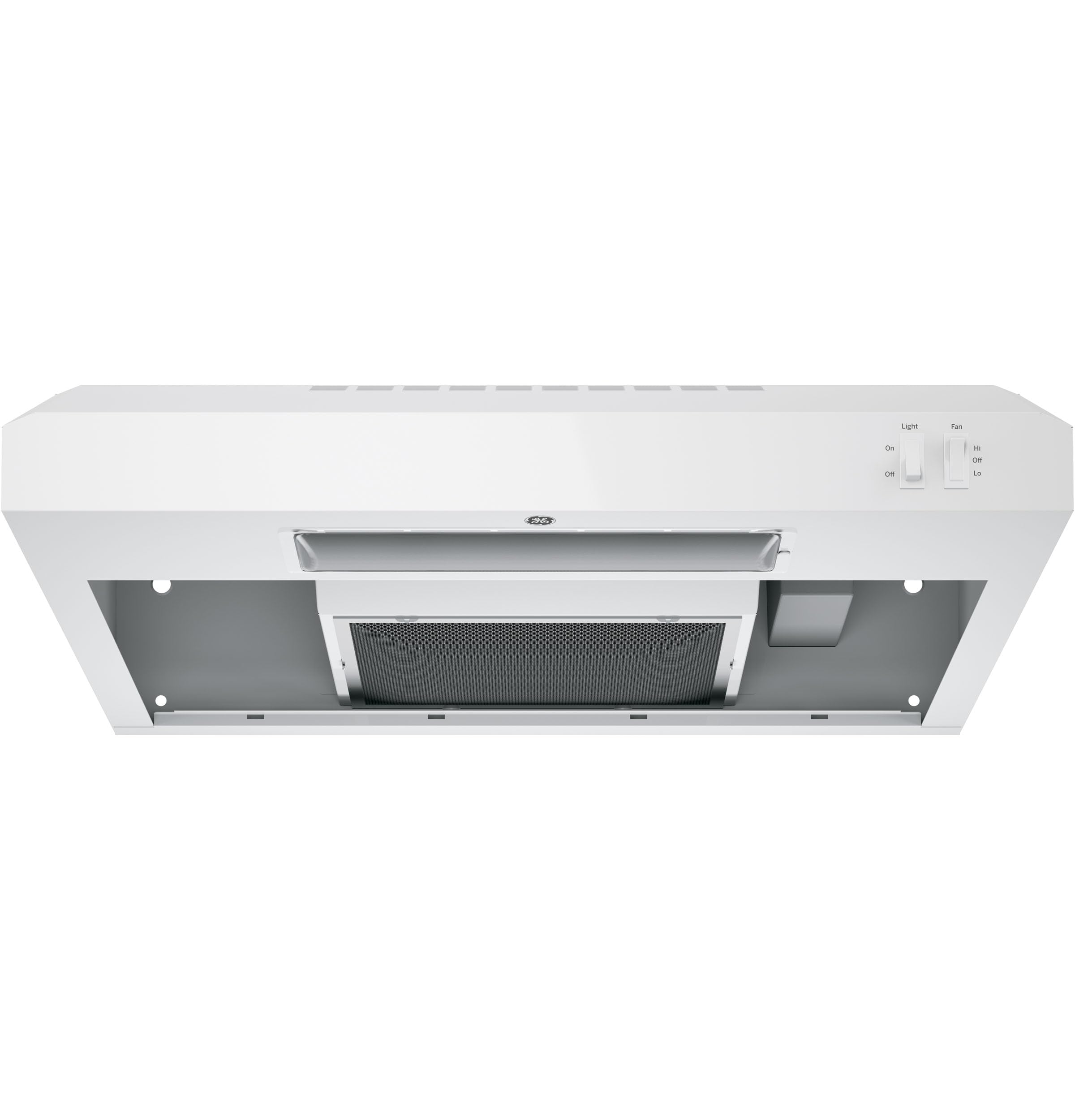 GE 24in. Under Cabinet Range Hood, convertible Duct, 2 Speed Exhaust Fan, Front Control and Reusable Filter, White