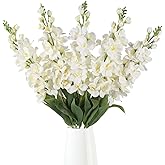 Uznaeoi 5PCS White Delphinium Artificial Flowers Velvet Silk Larkspur 37.4" Tall Long Stem Faux White Flowers for Vase, Centerpieces, Wedding, Floor Arrangements, Home Decor