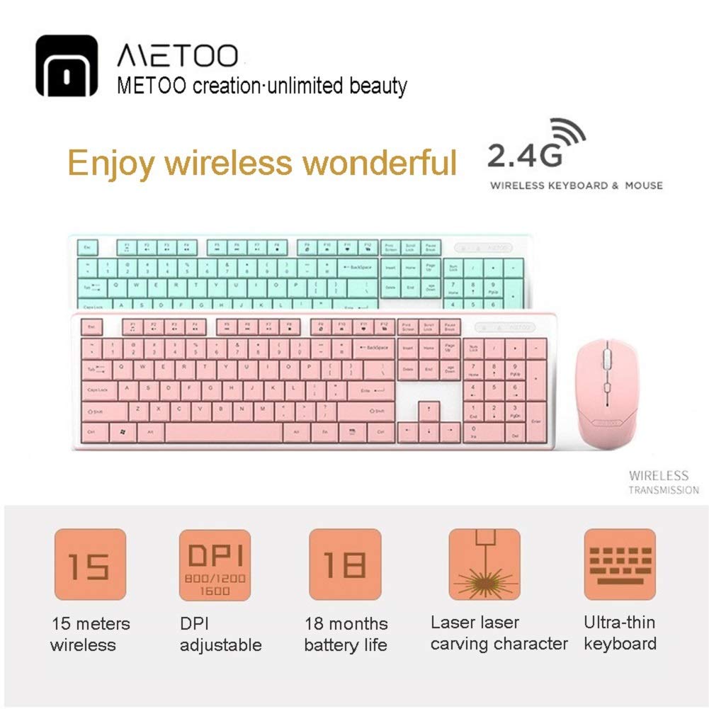 MeToo Wireless Pink Keyboard and Mouse Combo, Ultra-Thin 2.4 USB Mute Keyboard and Mouse Set for Notebook Desktop Computer Office Game Home C160 - Not Included Battery (Pink)
