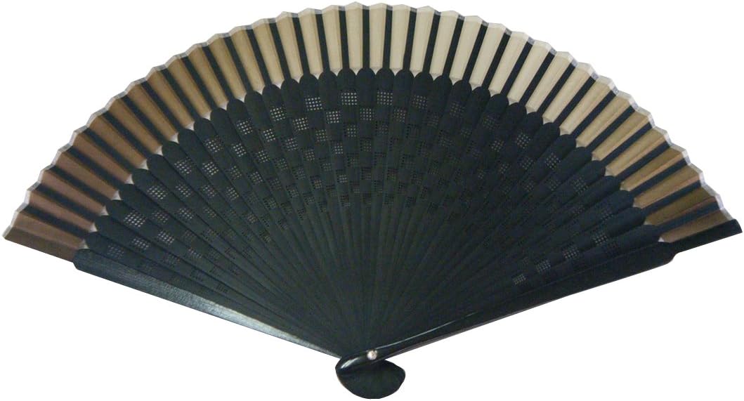 ASAO Hand Made Artisan Men's Short Fabric Silk Sensu Folding Fan Black Guard 8.7 in 40 Folds Laser Treated Ribs Checked Pattern Gold