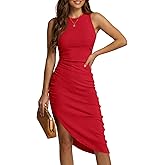 Wenrine Womens Summer Tank Dress Casual Sleeveless Ruched Bodycon High Slit Party Club Beach Midi Sundress