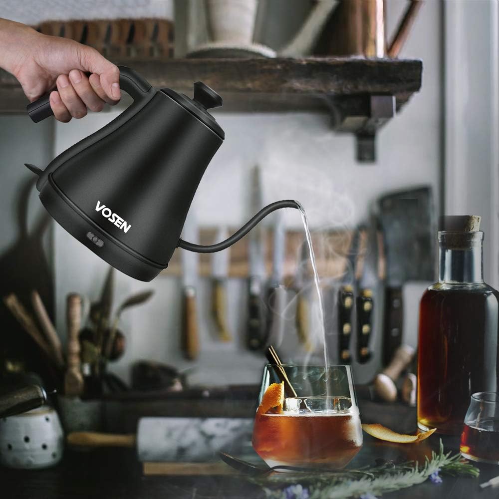 Electric Kettle, VOSEN Gooseneck Kettle, Pour Over Coffee Kettle & Tea Kettle, 100% Stainless Steel Inner Lid & Bottom, 1000 Watt Quick Heating (Black 0.8L): Kitchen & Dining