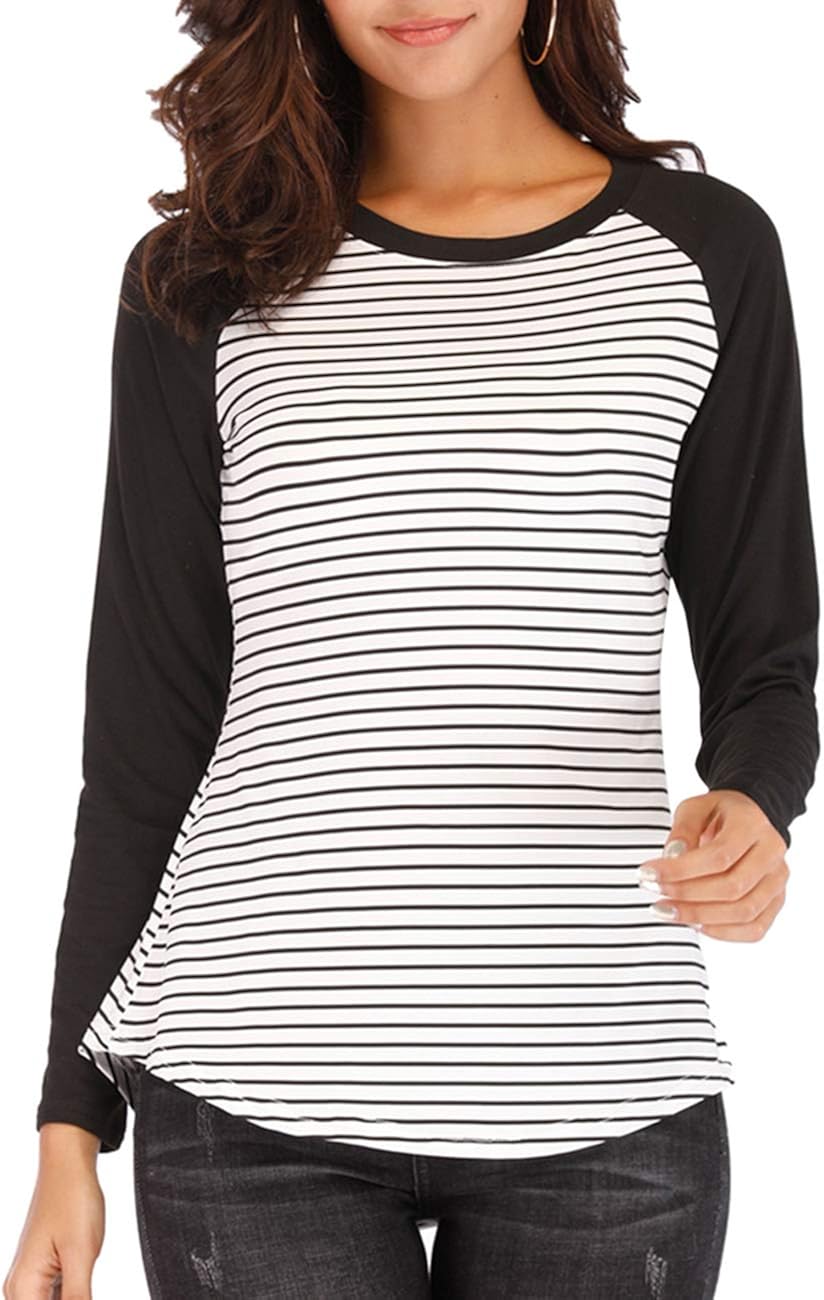 Women's Long Sleeve Striped Baseball Tee Shirt Jersey Tops Cropped Slim