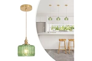 Shenmoyl Pendant Light with Green Striped Glass Lmapshade, Brass Vintage Pendant Light Adjustable Hanging Light for Kitchen Island Dining Room Hallway